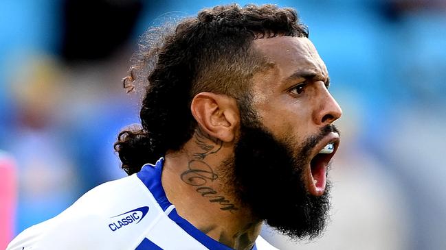 GOLD COAST, AUSTRALIA - SEPTEMBER 03: Josh Addo-Carr of the Bulldogs celebrates after scoring a try during the round 27 NRL match between the Gold Coast Titans and Canterbury Bulldogs at Cbus Super Stadium on September 03, 2023 in Gold Coast, Australia. (Photo by Bradley Kanaris/Getty Images)