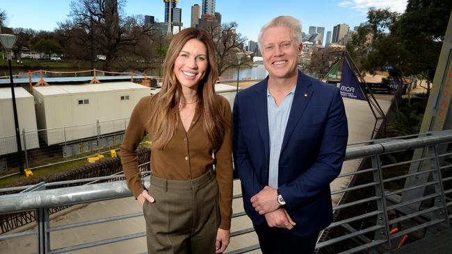 Candidate for Lord Mayor of Melbourne Arron Wood AM and Deputy Lord Mayoral candidate Erin Deering in Birrarung Marr announce new gardens policy. Picture: Andrew Henshaw