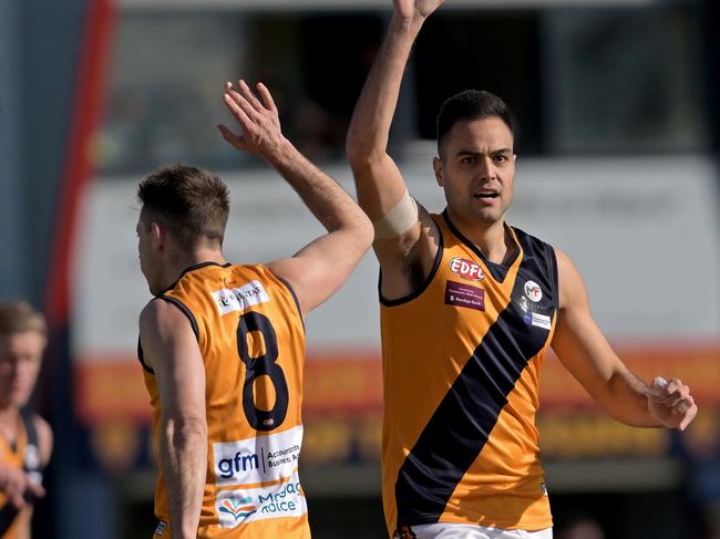 StrathmoreÃs Mitchell Purcell and Athan Tsialtas during the EDFL East Keilor v Strathmore football match in Keilor East, Saturday, July 29, 2023. Picture: Andy Brownbill