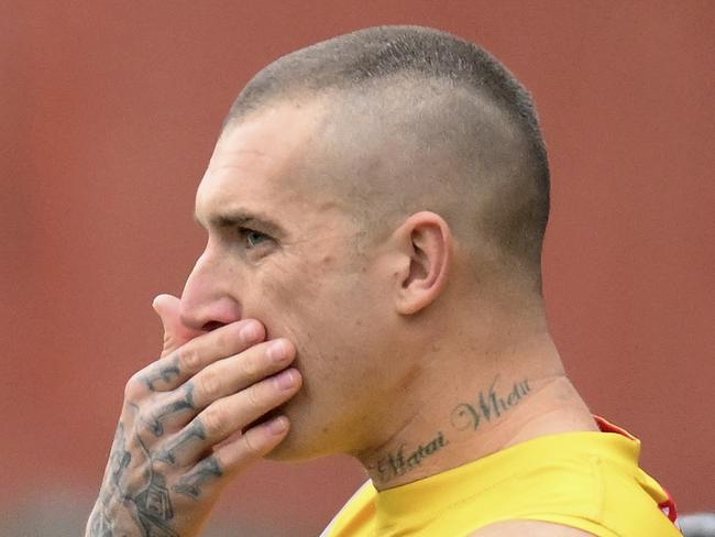 MELBOURNE, AUSTRALIA - JUNE 13: Dustin Martin of the Tigers enters the field during a Richmond Tigers AFL training session at Punt Road Oval on June 13, 2024 in Melbourne, Australia. (Photo by Martin Keep/Getty Images)