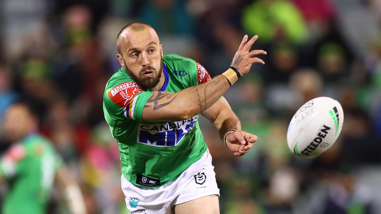 CANBERRA, AUSTRALIA - JUNE 12: Josh Hodgson of the Raiders passes during the round 14 NRL match between the Canberra Raiders and the Brisbane Broncos at GIO Stadium, on June 12, 2021, in Canberra, Australia. (Photo by Mark Nolan/Getty Images)