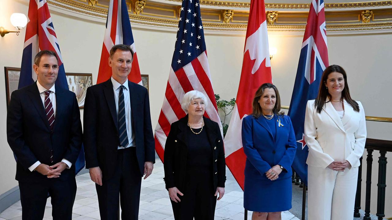 (L-R) Treasurer Jim Chalmers, Britain’s Jeremy Hunt, US Treasury Secretary Janet Yellen, Canada’s Finance Minister Chrystia Freeland and New Zealand Finance Minister Nicola Willis in Washington, DC, on April 18. Picture: Olivier Douliery / AFP