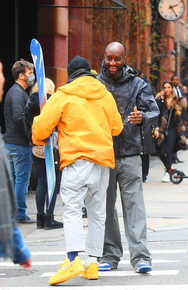 On these last pictures of the designer, Virgil Abloh shows off his collab snowboard with Russell Winfield in the streets of New York. Picture: Backgrid Australia