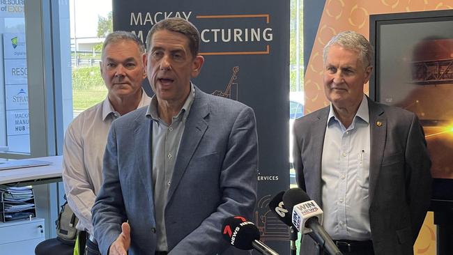 Queensland Treasurer Cameron Dick with Resources Minister Scott Stewart (left) and Mackay Regional Council mayor Greg Williamson (right) at the Mackay Resources Centre of Excellence funding announcement. Picture: Max O'Driscoll