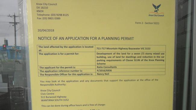 The planning application notice for the seven-storey apartment building at 711-717 Mountain Highway, Bayswater.