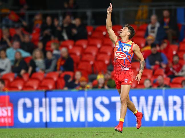 Sean Lemmens of the Suns celebrates a goal during the round 17 AFL match between the Gold Coast Suns and the Adelaide Crows at Metricon Stadium on July 13, 2019 in Gold Coast, Australia. (Photo by Jono Searle/AFL Photos via Getty Images)