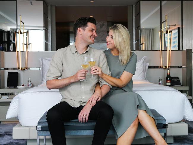 Staycationers Annabelle and Rowan Russell enjoying a luxurious stay at the newly opened Crown Resorts in Barangaroo in Sydney. Picture: NCA NewsWire / Gaye Gerard