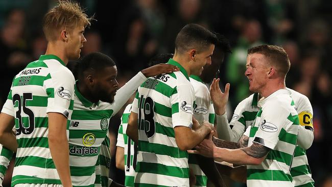 GLASGOW, SCOTLAND - SEPTEMBER 25: Tom Rogic of Celtic celebrates scoring his team's second goal during the Betfred Scottish League Cup quarter final match between Celtic and Partick Thistle at Celtic Park on September 25, 2019 in Glasgow, Scotland. (Photo by Ian MacNicol/Getty Images)