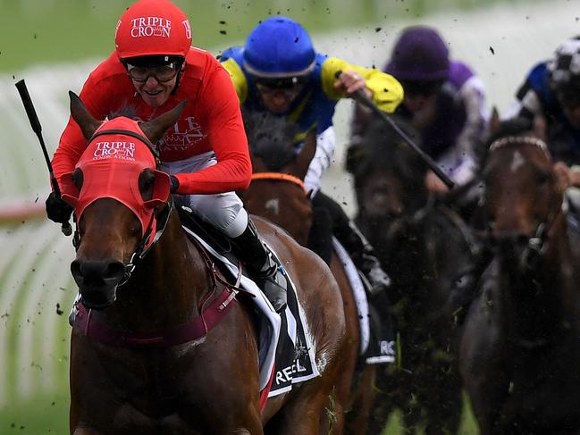 Jockey Kerrin McEvoy pilots Redzel to his second consecutive Everest victory. 