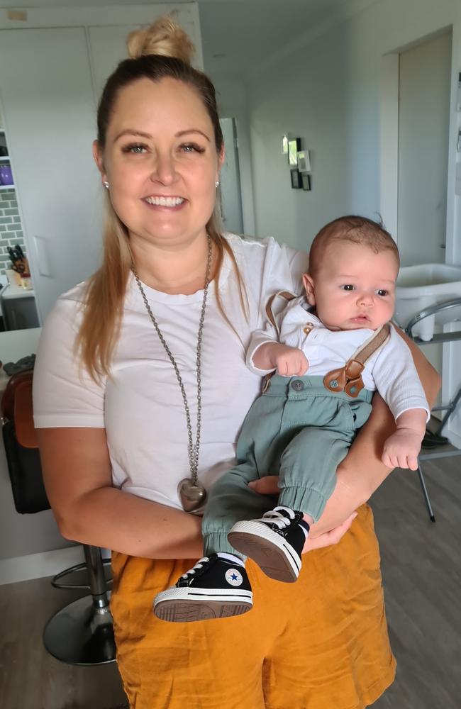 Amy Puddy, 32, with baby Nate Andersen who was born at Mackay Base Hospital on March 23, 2021. Ms Puddy says her artery was cut during a caesarean. Picture: Contributed