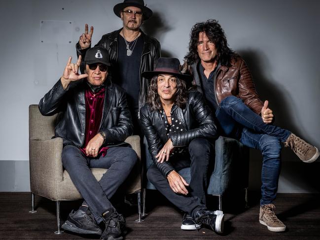 KISS upon arrival in Australia (clockwise from centre) Paul Stanley, Gene Simmons, Eric Singer and Tommy Thayer. Picture: Jake Nowakowski