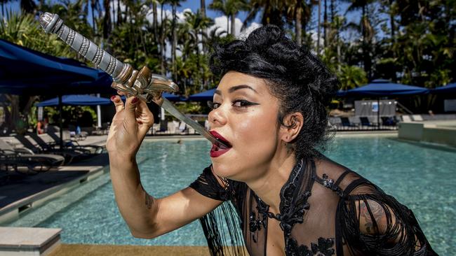 Sword Swallower Heather Holliday at The Star Gold Coast, Broadbeach. Heather Holliday will be performing at Bleach* Festival 2019. Picture: Jerad Williams