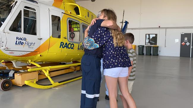 Seven-year-old Eli Campbell and his mum Brittany Cervantes were reunited with the LifeFlight flight crew who flew him to hospital.