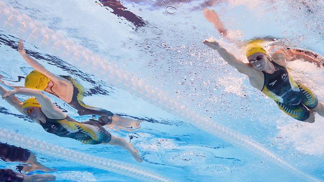 NANTERRE, FRANCE - JULY 29: (EDITORS NOTE: Image was captured using an underwater robotic camera.) Mollie O'Callaghan and Ariarne Titmus of Team Australia compete in the WomenÃ¢â¬â¢s 200m Freestyle Final on day three of the Olympic Games Paris 2024 at Paris La Defense Arena on July 29, 2024 in Nanterre, France. (Photo by Maddie Meyer/Getty Images)