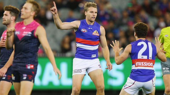 Jake Stringer  celebrates a goal with Tom Liberatore. (Photo by Michael Dodge/Getty Images)