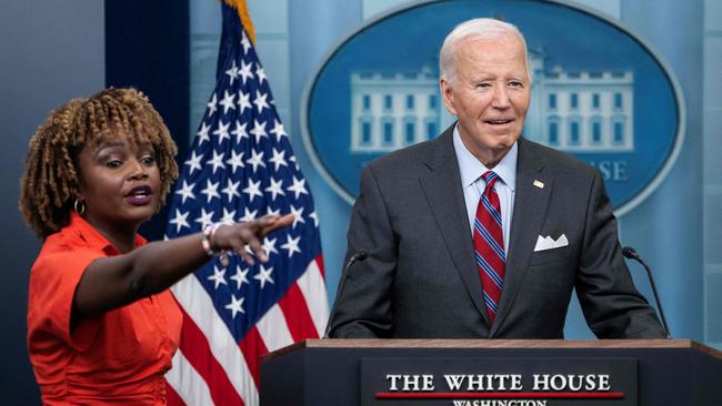 White House Press Secretary Karine Jean-Pierre (L) fields a question for US President Joe Biden during the daily press briefing at the White House in Washington, DC, on October 4, 2024. (Photo by ANDREW CABALLERO-REYNOLDS / AFP)