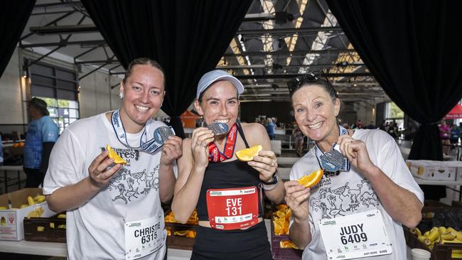 HOBART AIRPORT MARATHON 2024 Christie Crow, Eve Mure and Judy Mure. Picture: Caroline Tan