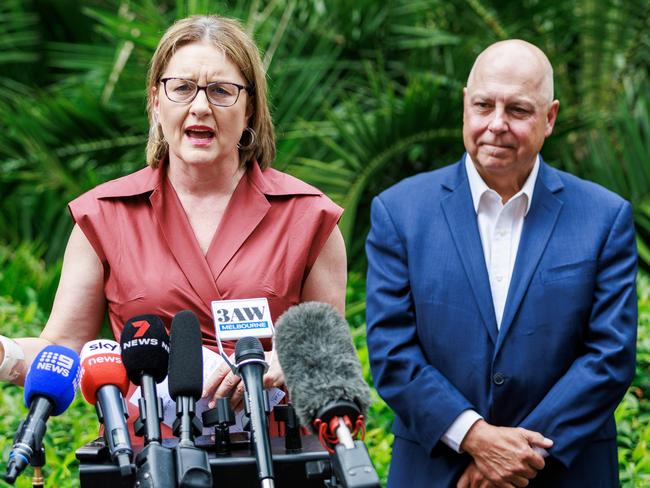 MELBOURNE, AUSTRALIA - Newswire Photos December 16, 2024: Premier Jacinta Allan during a press conference with Treasurer Tim Pallas announcing his retirement.. Picture: NewsWire / Aaron Francis