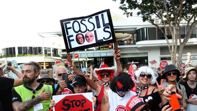 The Adani protest convoy arrives in Brisbane. AAP Image/Richard Waugh