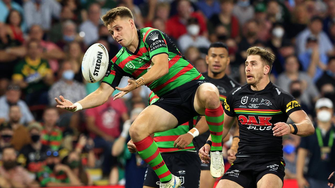 Blake Taaffe spills the ball during the 2021 NRL Grand Final between the Penrith Panthers and Souths Sydney Rabbitohs at Suncorp Stadium in Brisbane. Pics Adam Head