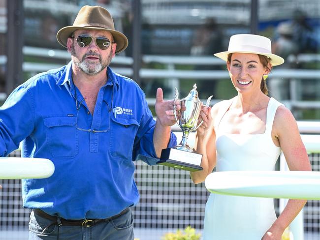 Peter Moody and Katherine Coleman after Waltz On By won the Catanach's 150 Years The Mystic Journey at Caulfield Racecourse on March 16, 2024 in Caulfield, Australia. (Photo by Reg Ryan/Racing Photos via Getty Images)