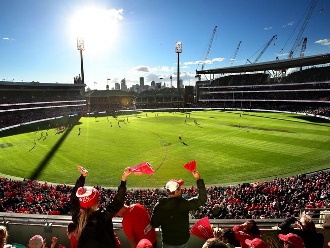 MUST CREDIT PHIL HILLYARD-NO ONSALES. Swans fans celebrates a Chad Warner goal during Round 9 AFL match between the Sydney Swans and Collingwood Magpies at the SCG on 15 May, 2021. Photo by Phil Hillyard (**NO ON SALES** ÃÂ©Phil Hillyard)