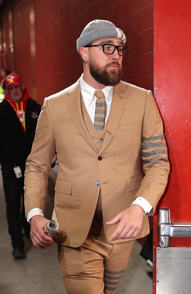 Travis Kelce arrives at Arrowhead Stadium in a Thom Brown suit featuring four stripes, which could be a nod to his bid for a fourth Super Bowl. Picture: Getty Images