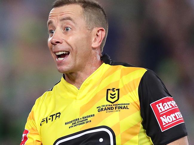 SYDNEY, AUSTRALIA - OCTOBER 06:  Referee Ben Cummins talks with Boyd Cordner of the Roosters is tackled during the 2019 NRL Grand Final match between the Canberra Raiders and the Sydney Roosters at ANZ Stadium on October 06, 2019 in Sydney, Australia. (Photo by Matt King/Getty Images)