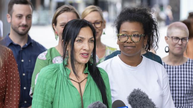 Greens Paddington candidate Seal Chong Wah outside Brisbane City Hall with colleague (right) Trina Massey, who won her The Gabba ward. Picture: Richard Walker