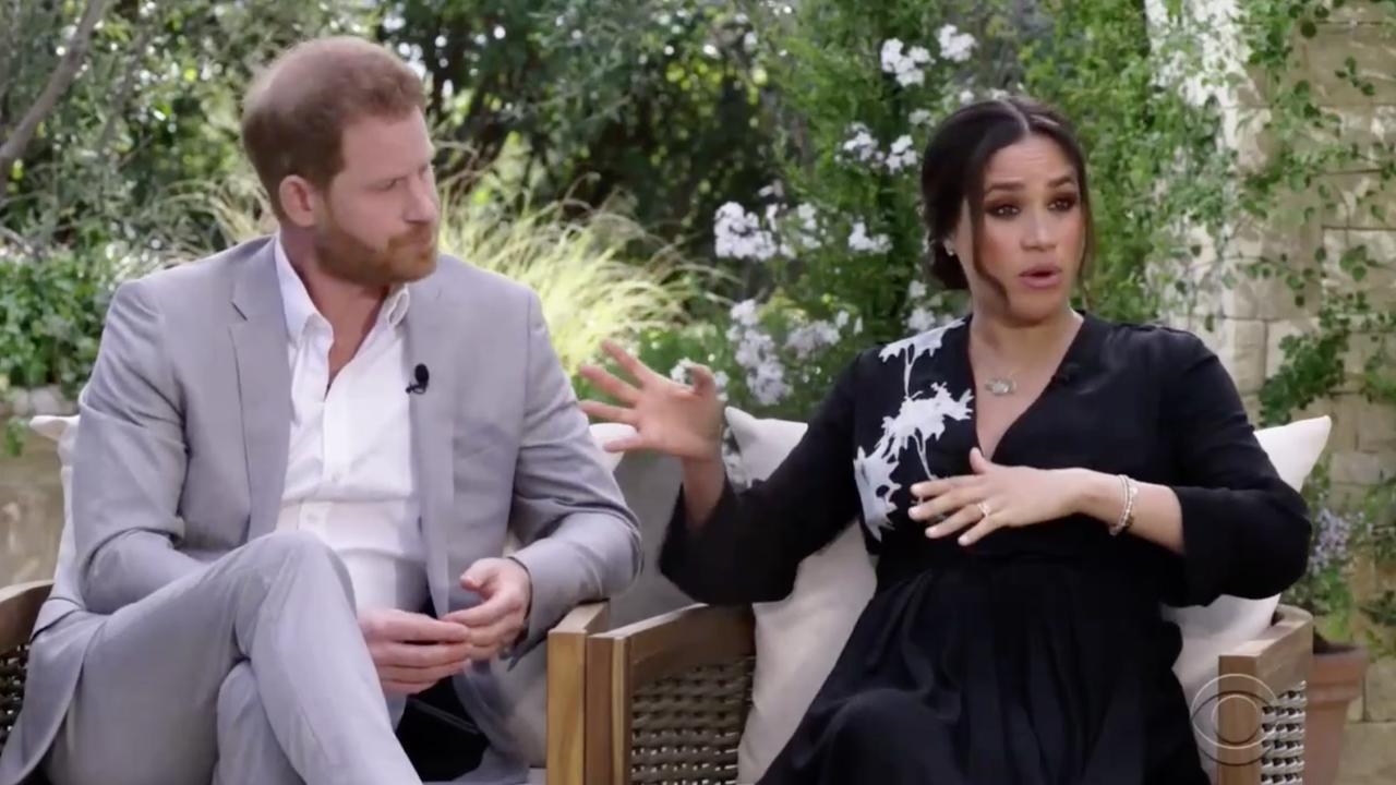 The Duke and Duchess of Sussex during their interview with Oprah Winfrey. Picture: CBS