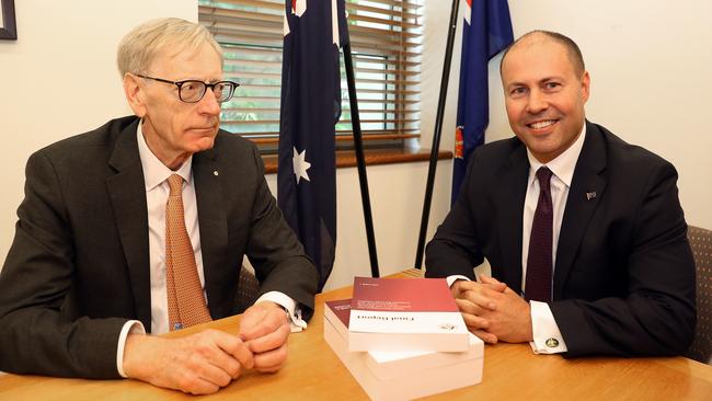 Kenneth Hayne, left, and Treasurer Josh Frydenberg. You’re never fully dressed down without a smile. Picture: Kym Smith