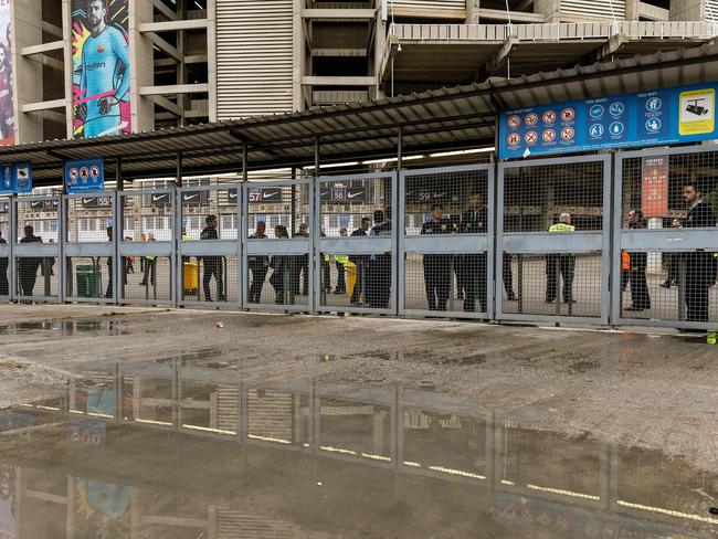 The gates of Camp Nou remain closed after the decision was made to play the match behind closed doors. Picture: Cesar Manson/AFP