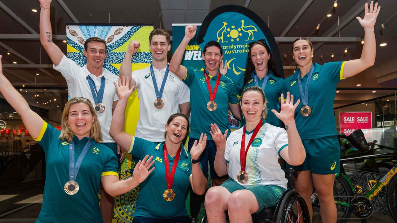 Top (L-R) Zac Stubblety-Cook, Matthew Glaetzer, Darren Hicks, Lani Pallister, Natalya Diehm. Bottom (L-R) Zoe Arancini, Nikki Ayers and Shae Graham at the Olympic and Paralympic teams Welcome Home Celebrations at Casuarina shopping centre, Darwin, Oct 2024. Picture: Pema Tamang Pakhrin