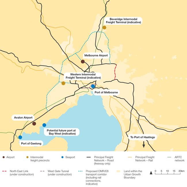 The proposed route for a 100km Outer Metropolitan Ring Rd and rail corridor. Source: Infrastructure Victoria