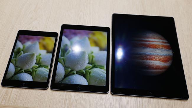 An Apple iPad Mini 4, iPad Air 2 and the new iPad Pro at Apple’s launch event in San Francisco.