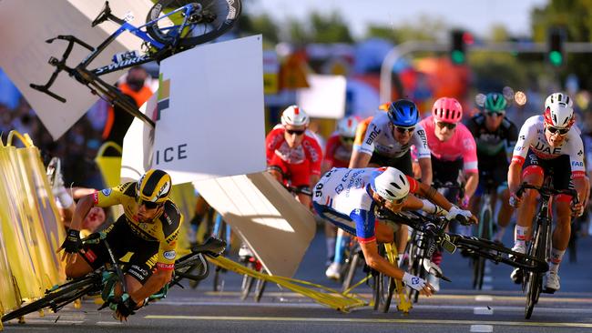 Bikes and riders fly through the air in the sickening Tour of Poland crash