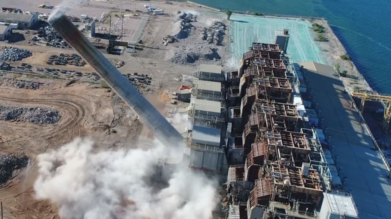 Successful felling of Playford B Chimney at Port Augusta. Picture: Flinders Power / McMahon Services.