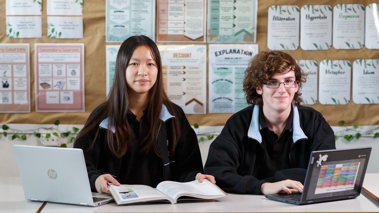 Avenues College students Jess Tran, 14, and Joe Harrison, 15, sat the year 9 NAPLAN test. Picture: Matt Turner