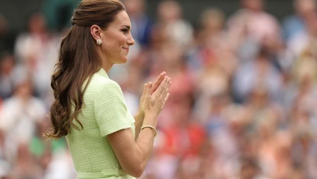 LONDON, ENGLAND - JULY 15: Catherine, Princess of Wales applauds Marketa Vondrousova of Czech Republic (not pictured) following her victory in the Women's Singles Final against Ons Jabeur of Tunisia on day thirteen of The Championships Wimbledon 2023 at All England Lawn Tennis and Croquet Club on July 15, 2023 in London, England. (Photo by Clive Brunskill/Getty Images)