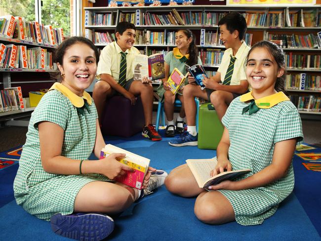 Year 6 Students at Fairfield Heights Public School (L-R) Vanessa Sawa, Kareem El Anbaawy, Shana Toma, Robert Lin and Chantelle Lazar are among the biggest improvers in the country. Picture: Tim Hunter.