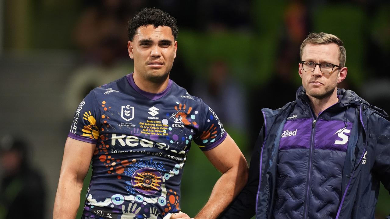 Xavier Coates was distraught after suffering another hamstring injury. Picture: Daniel Pockett/Getty Images