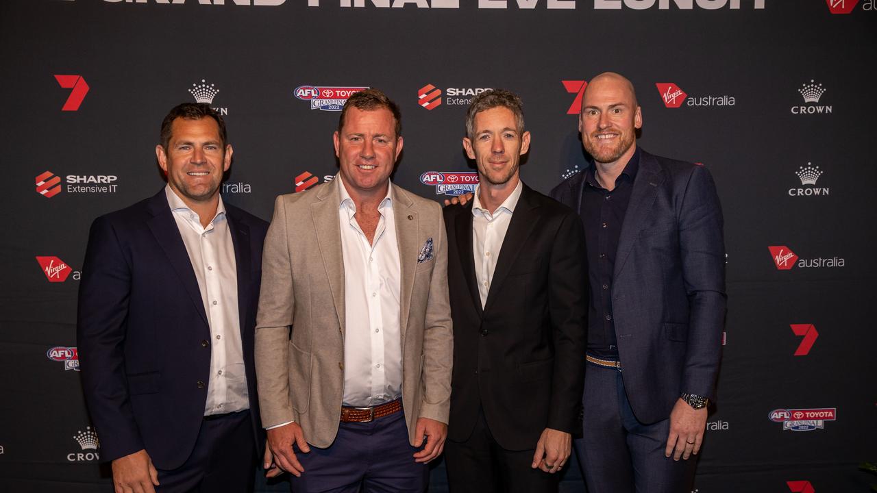 Luke Hodge, Unsure, Bob Murphy, Jarryd Roughead. AFL Grand Final lunch held at Crown Casino Palladium. Picture: Jason Edwards