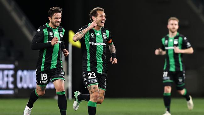 Alessandro Diamanti celebrates his wonder-goal against Brisbane Roar. Picture: Getty