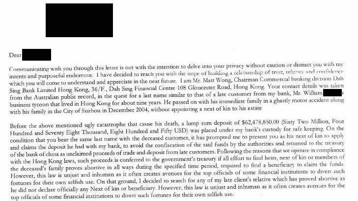 SCAM: A letter a Maclean man received in the mail, claiming he could stand to inherit $62 million from a business tycoon who shared the same surname. Picture: Jarrard Potter