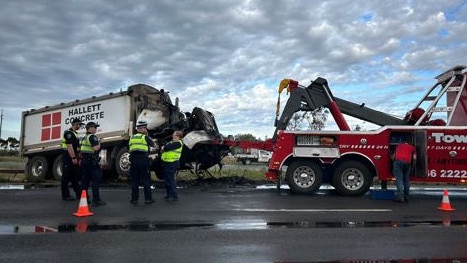 Emergency services at the scene after a woman died in a collision with a concrete truck. Picture: Natalie Vikhrov