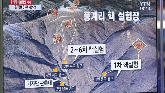South Korean television in Seoul shows a graphic depicting the demolition of North Korea’s Punggye-ri nuclear test site yesterday.