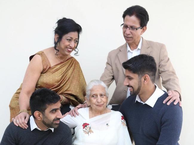 Pushplata (middle) with daughter-in-law Anita (top left), son Ashwini (top right), and grandsons Akhil (Left) and Arun (Right). Supplied