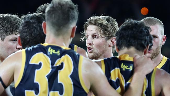 Crows captain Rory Sloane talks to the players after the Richmond loss. Picture: Sarah Reed