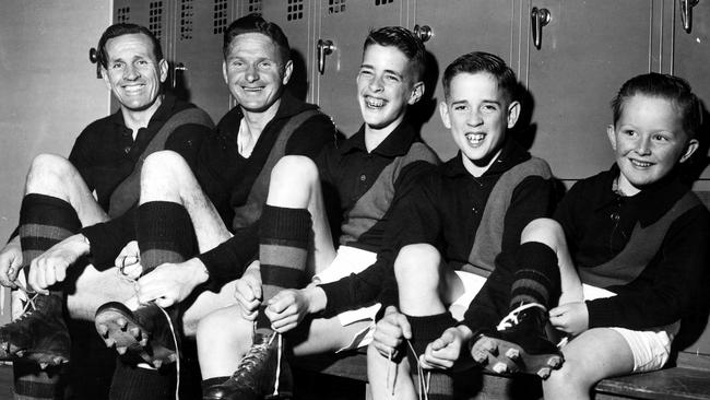 Dick Reynolds (from left) with Bill Hutchison and their sons Graham Reynolds, Warwick Reynolds and Bruce Hutchison (far right).