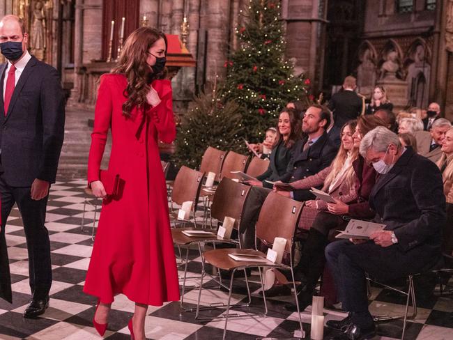 Kate Middleton, centre, greeted her parents Carole and Michael Middleton at the Together at Christmas community carol service in London last December. Picture: Getty Images